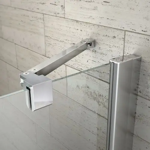 Glasduschenhalter aus hochwertigem Metall, montiert an einer Wand. Sichtbare Verbindungsteile erlauben Stabilität und Funktionalität. Produkt von Roth.